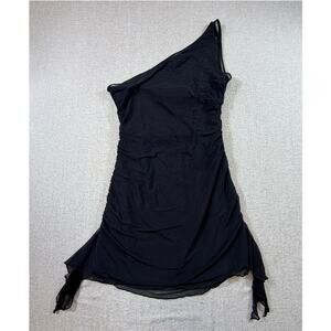 NWT Oh Polly Women 4 Black One Shoulder Ruched Mesh Bodycon Mini Party Dress